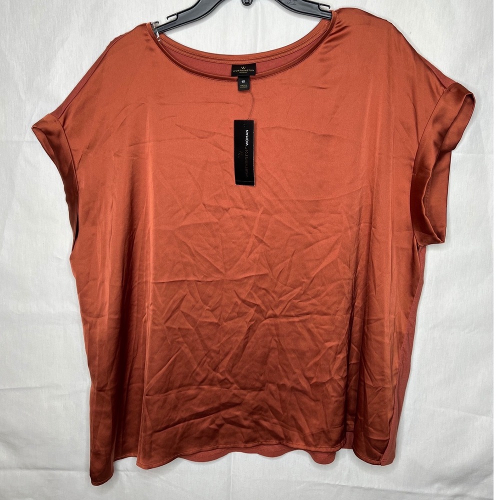 Worthington Woman Burnt Orange Satin Trim Dolman Sleeve Tunic Top Plus Size 1X